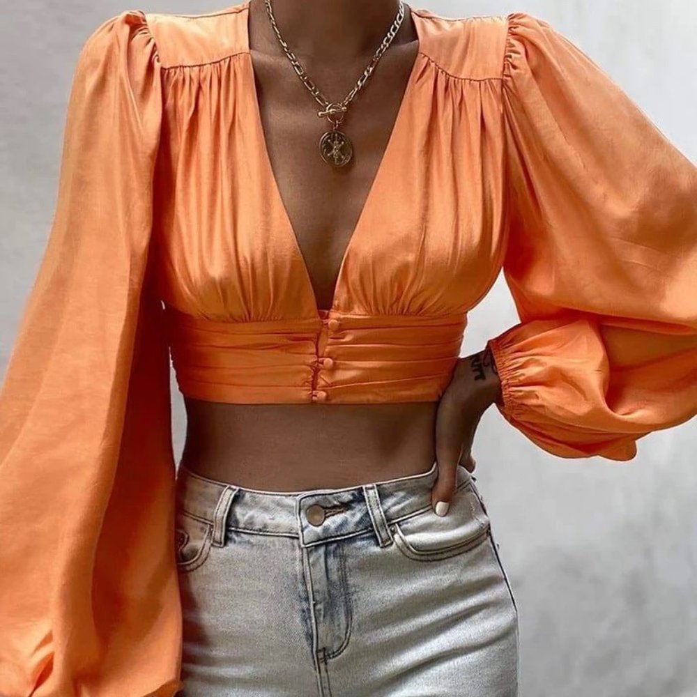 Orange Satin Puff-Sleeve Crop Top